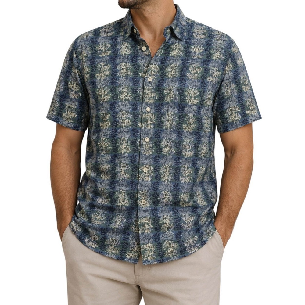 Chaps Ralph Lauren Mens Large Blue Green Tropical Palm Print Cotton SS Shirt